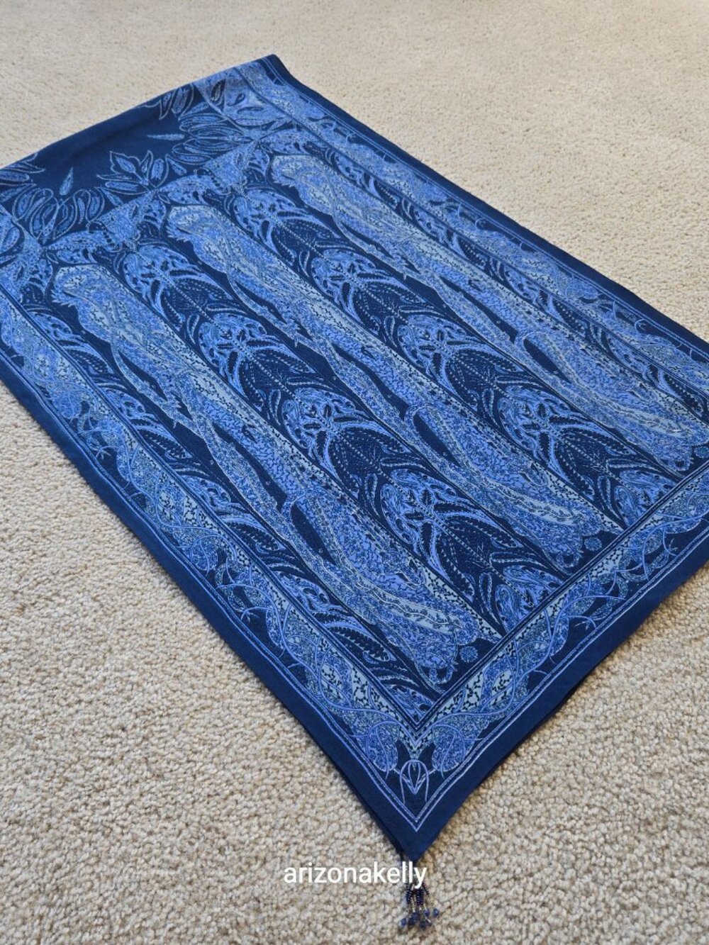 NWOT Blue Silk Oblong Scarf With Beads on Each Corner - Picture 8 of 16